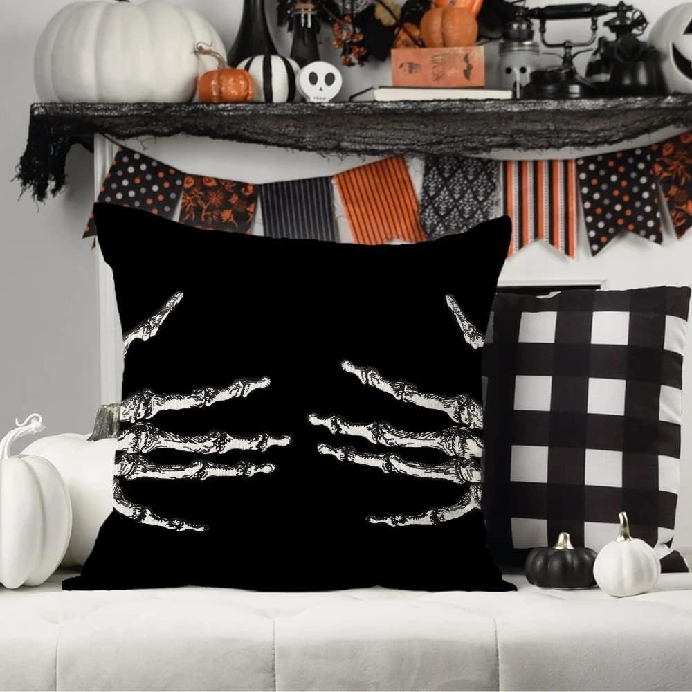 AACORS Halloween Throw Pillow Cover 18X18 Skeleton Decorations Holiday Farmhouse Black Cushion Case for Sofa Couch Decor AA016-18