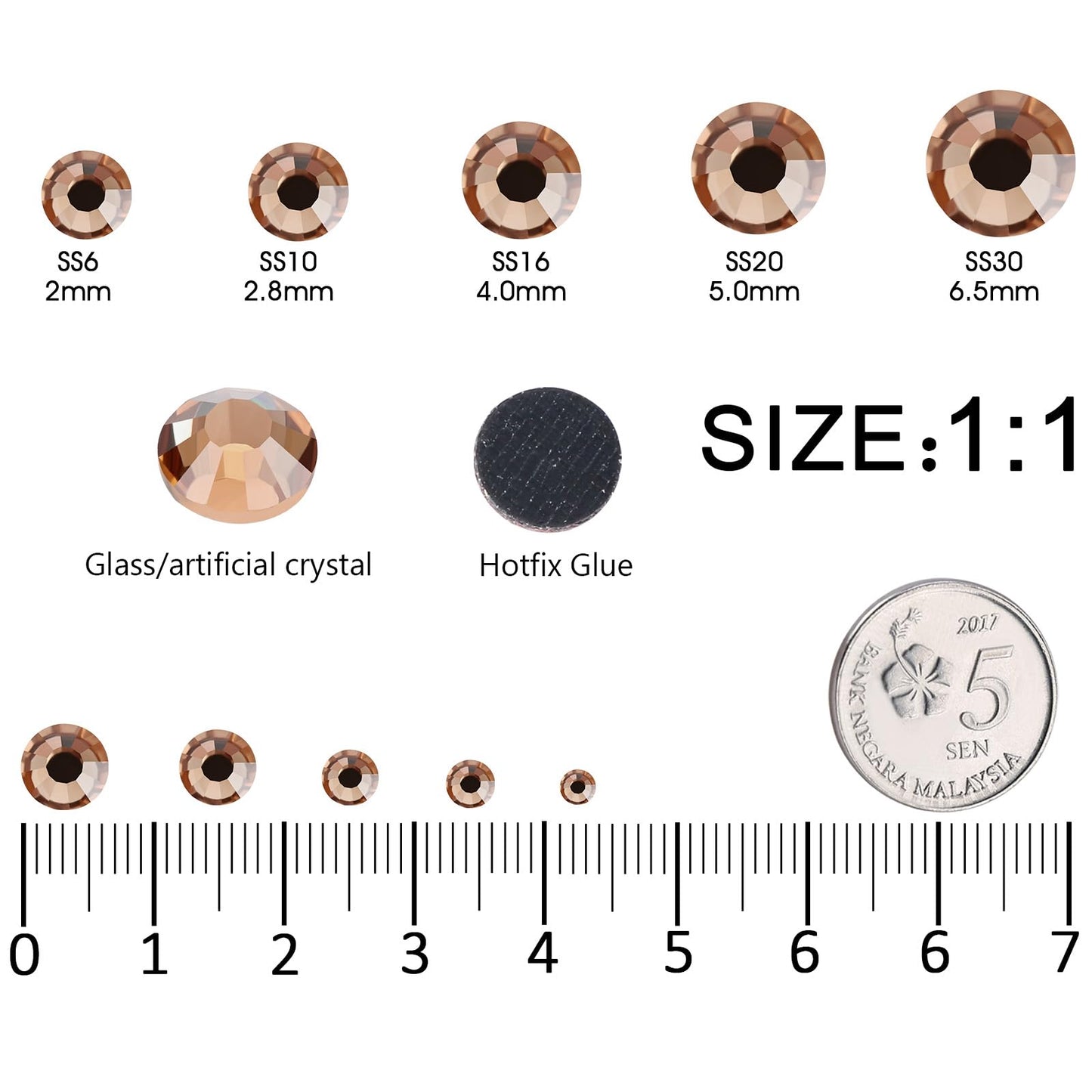 MEIBITE 6796PCS Smoked Topaz Hotfix Rhinestones Crystal Stones Glass for Fabric Clothes Shirts Sparkly Flat Back Round with Tweezers and Picking Pen (SS6~SS30 Set)