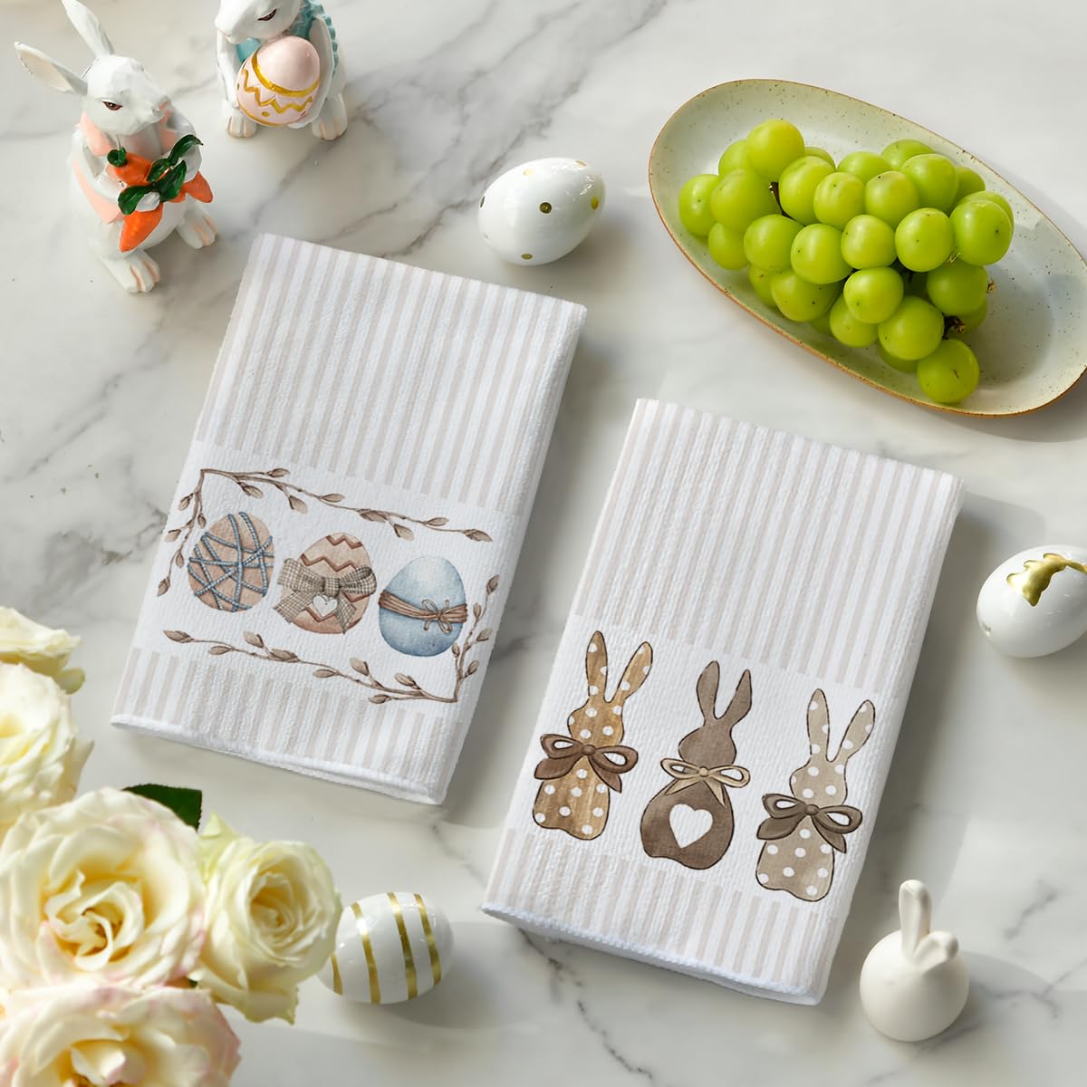 Stripe Rabbit Bunny Eggs Easter Kitchen Towels Dish Towels, 18x26 Inch Spring Decoration Hand Towels Set of 2