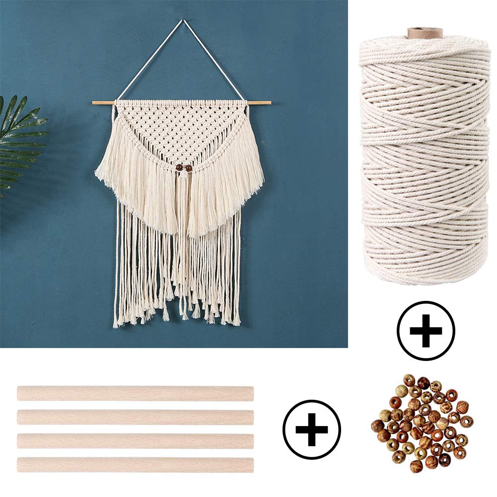 ZXCDINO 119pcs Macrame Kits for Starter 3mm x 109Yards Natural Cotton Macrame Cord with 100pcs Wooden Beads,10pcs Wooden Rings,Wooden Sticks,Metal Rings,S Hooks Macrame Supplies for Plant Hangers
