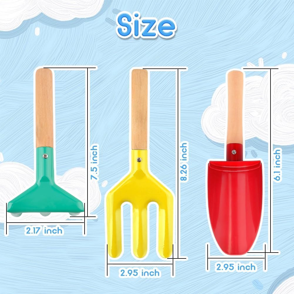 UMUACCAN Beach Toys for Kids, 6Pcs 8'' Kids Gardening Tools Sand Toys Set, Metal Garden Tools with Sturdy Wooden Handle, Cylinder, Spoon, Fork, Rake, Flat & Pointed Shovel, Gifts for Children