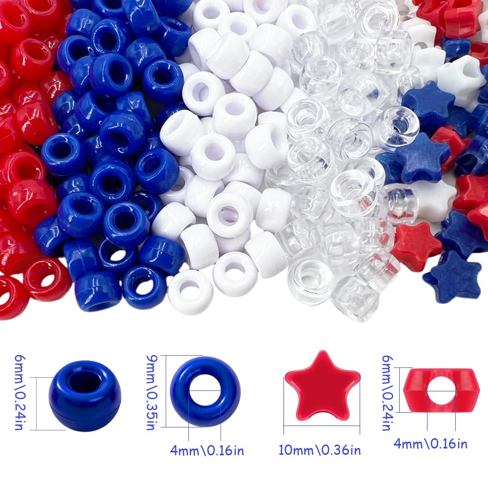 MIIIM 1000PCS 6x9mm Patriotic Pony Beads Bulk, 7 Styles Red White and Blue Kandi Beads for Bracelets Making Kit, Hair Braids Crafts for Jewelry Making (4th of July)