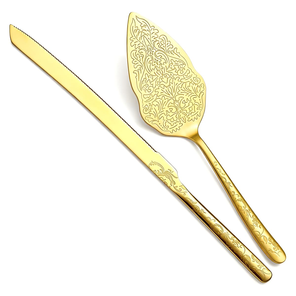 Berglander Gold Wedding Cake Knife and Server Set, Titanium Gold Plating With Unique Pattern Design Cake Cutter Serving Set Perfect For Wedding, Birthday, Parties and Events Dishwasher Safe
