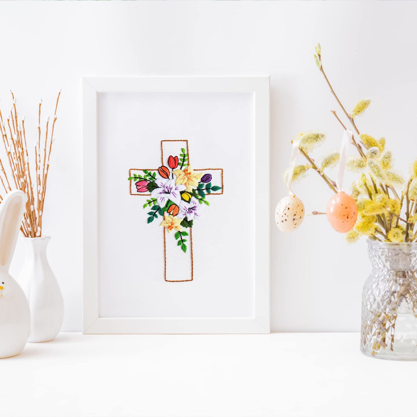 Cross Lily Pattern Embroidery Starter Kit,Cross Stitch Kits for Adults with Embroidery Hoop Needles Threads Instruction -Easter Jesus