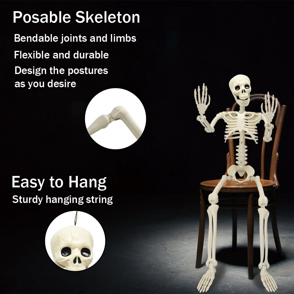 36in Skeleton Halloween Decorations, 3ft Full Body Posable Life Like Skeleton Realistic Human Plastic Bones with Movable Joints for Halloween Party Lawn Haunted House Decor