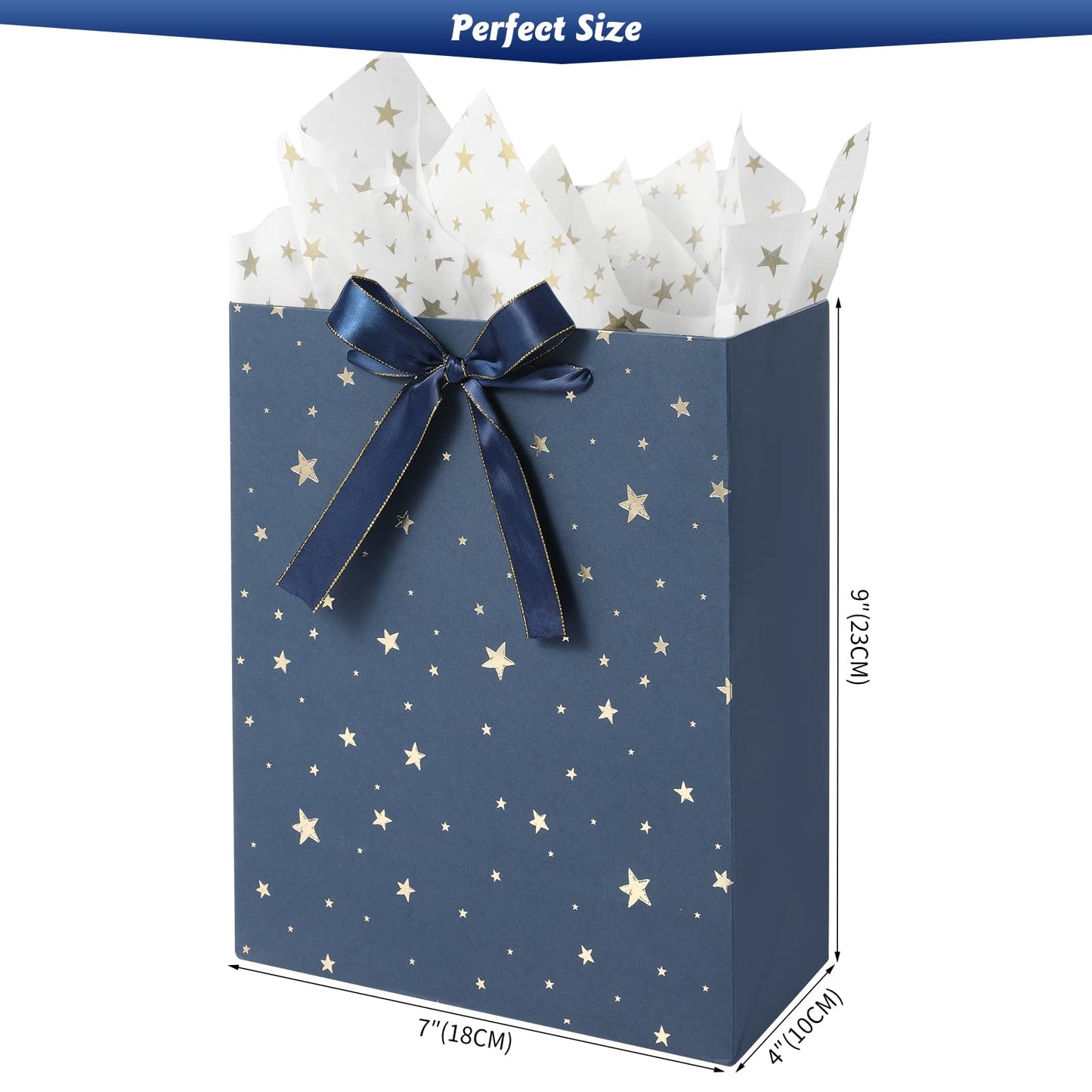 4 Pack 9" Medium Size Gift Bags Assorted Premium Blue Gift Bags with Tissue Paper Use for Birthdays, Baby Shower,weddings,Party Favor, Holiday Presents-7" X 4" X 9"
