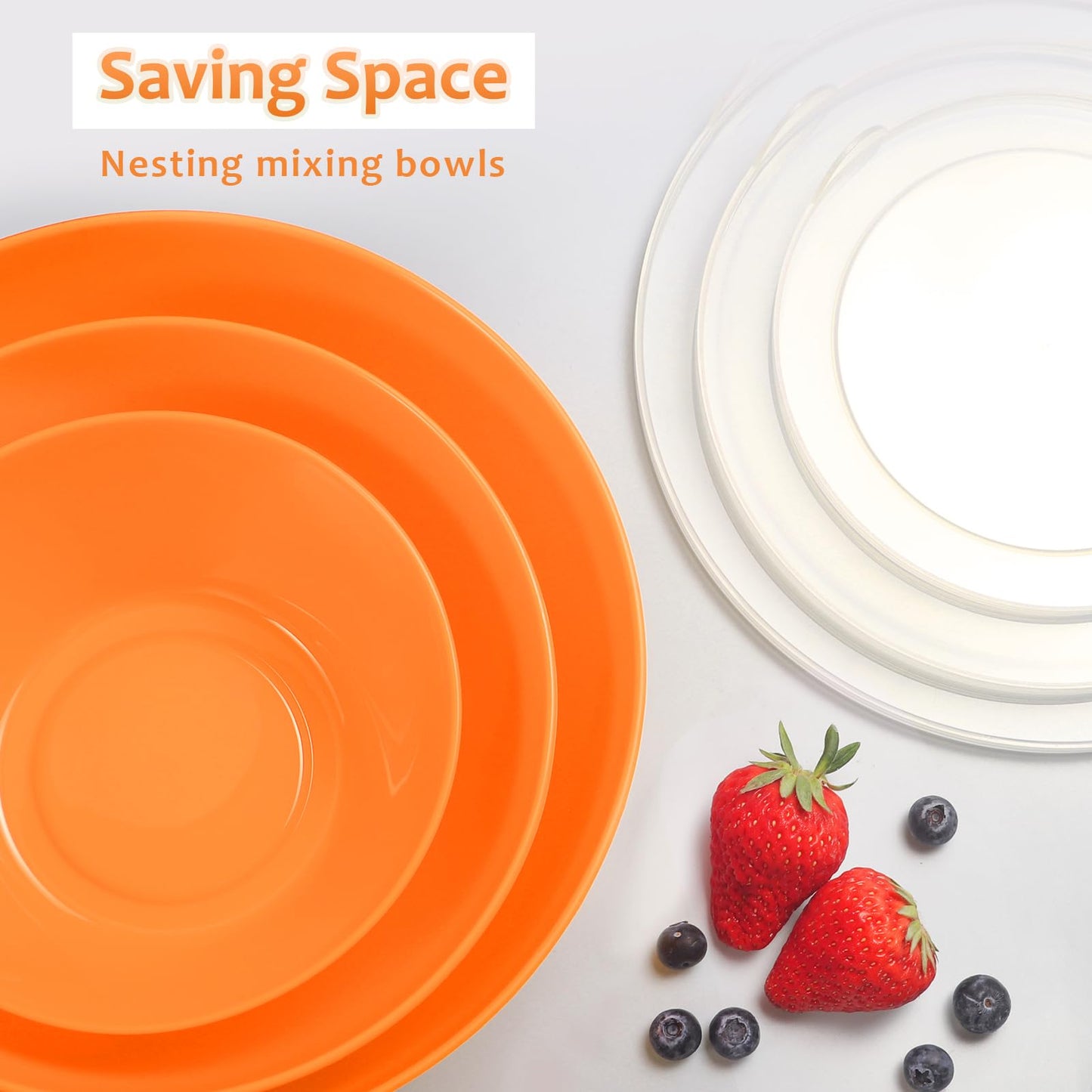 Wehome Mixing Bowls with Lids Set，Plastic Mixing Bowls for Kitchen Preparing，Serving and Storing，Set of 3-Includes 3 Bowls and 3 Lids，BPA-FREE Neat Nesting Bowls with Sealing Lids (Orange)