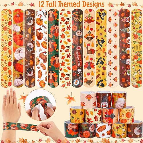 Thanksgiving Slap Bracelets, 56 Pcs Thanksgiving Gifts for Kids Autumn Maple Leaf Turkey Pumpkin Snap Bracelets Wristbands for Fall Party Favors Decorations Student Classroom Prizes