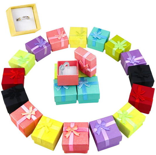 PRALB 32PCS Assorted Jewelry Gifts Boxes, Jewelry Boxes Cardboard Ring Boxes Jewelry Storage Cube Satin Ribbons Bowknot For Anniversaries Weddings Birthdays (8 Colors, 1.57" x 1.57" x 1.06")