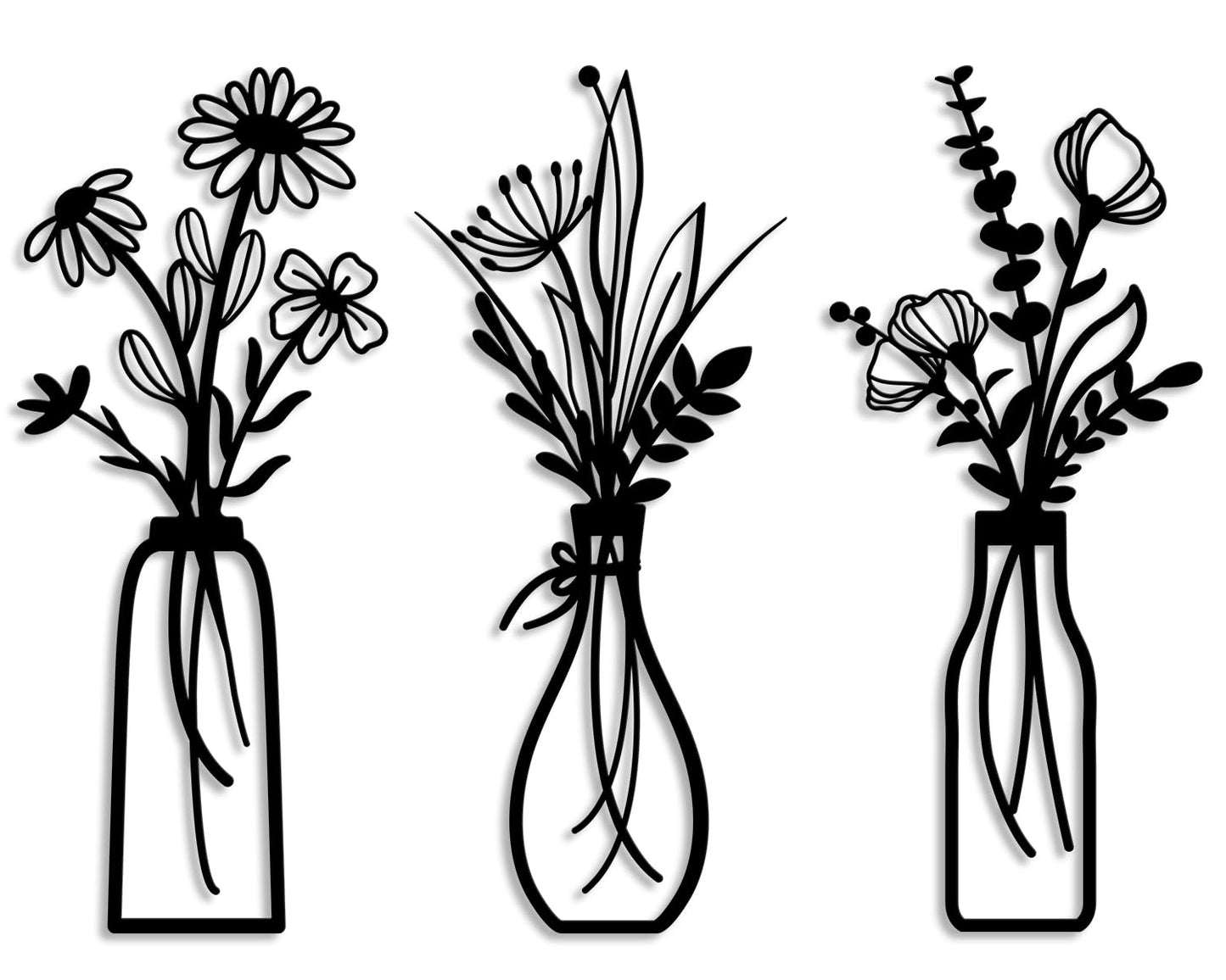 3 Pieces Metal Flowers Wall Arts - Rustic Farmhouse Decor Black Minimalist Flower Wall Decors for Living room Bathroom Bedroom Dining Room - Housewarming Gifts(Black, Vase-C)