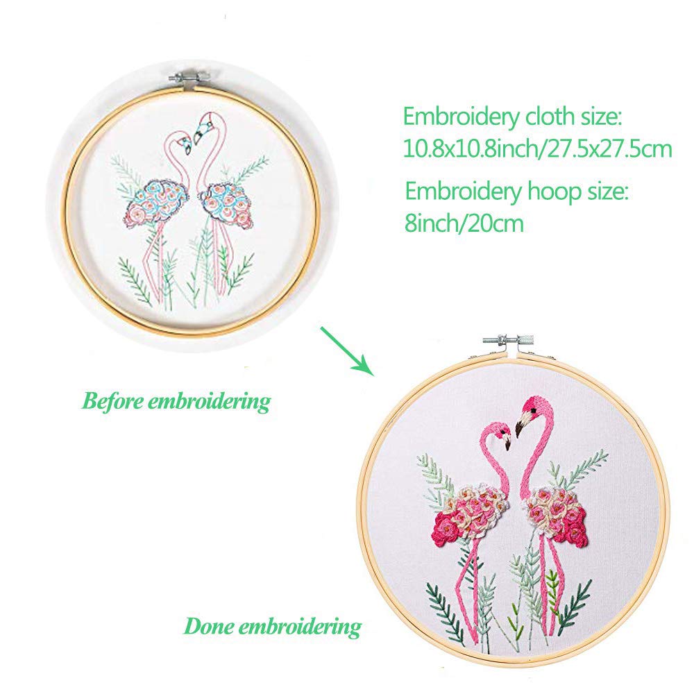 Flamingo Embroidery Kit for Beginners with Pattern Floral Stamped Full Range of Embroidery Starter Kit for Adults Cross Stitch Kit with Embroidery Cloth, Hoops, Color Thread and Tools,Set of 2