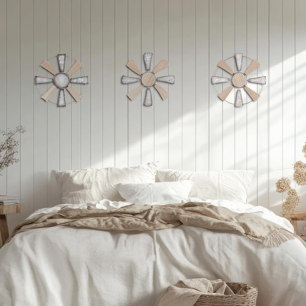 YEAHOME Farmhouse Wall Decor, 3 PCS 11" Wood Metal Windmill Wall Art for Rustic Farmhouse Decor, Western Country Home Decor for Kitchen, Living Room, Bathroom, House