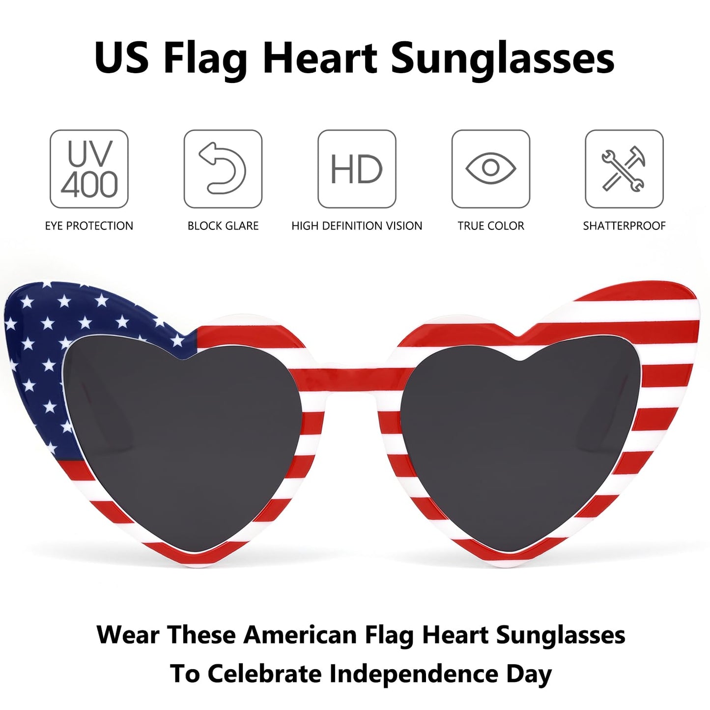 American Flag Heart Sunglasses for Women Men Trendy Cat Eye Love Shaped Sunglasses Vintage Lovely Retro Fourth of July USA Patriot Cute Sun Glasses