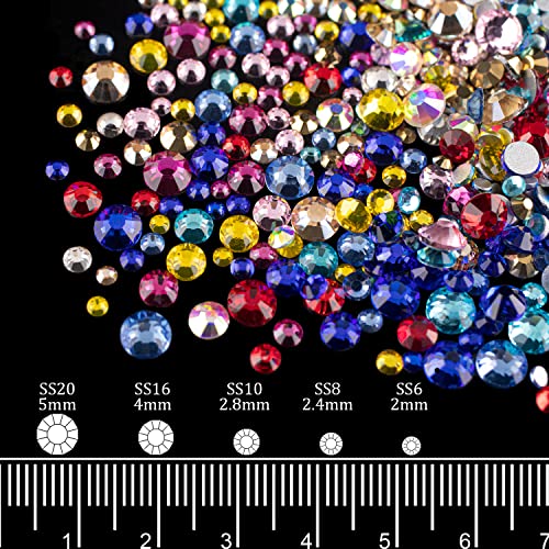 AB and Clear and Mixed Color Flatback Round Rhinestones Kit, Multi Size Glass Crystals Bead with Pickup Pencil and Tweezer for DIY Nail Art