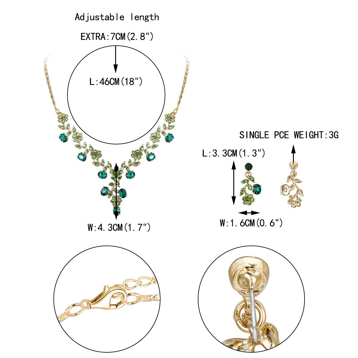 EVER FAITH Wedding Jewelry Set for Bride Austrian Crystal Cluster Flower Leaf Necklace Earrings Set Green Gold-Tone