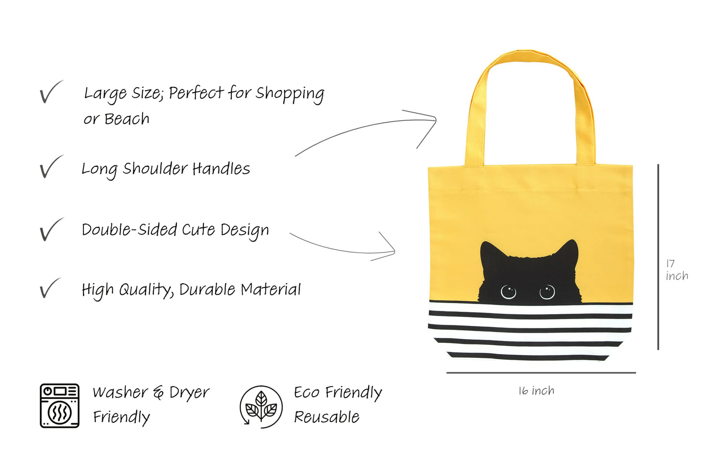Cute Canvas Tote Bag - Cat Lover Gifts for Women - Black Cat Gifts for Cat Lovers - Cat Mom Gifts - Cat Themed Gifts - Happy Birthday Bags for Cat Lady Gifts - Reusable Cat Tote Bag (Yellow Cat)
