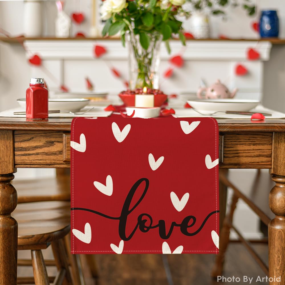Artoid Mode Red Love Valentine's Day Table Runner, Seasonal Anniversary Kitchen Dining Table Decoration for Indoor Home Party 13x72 Inch