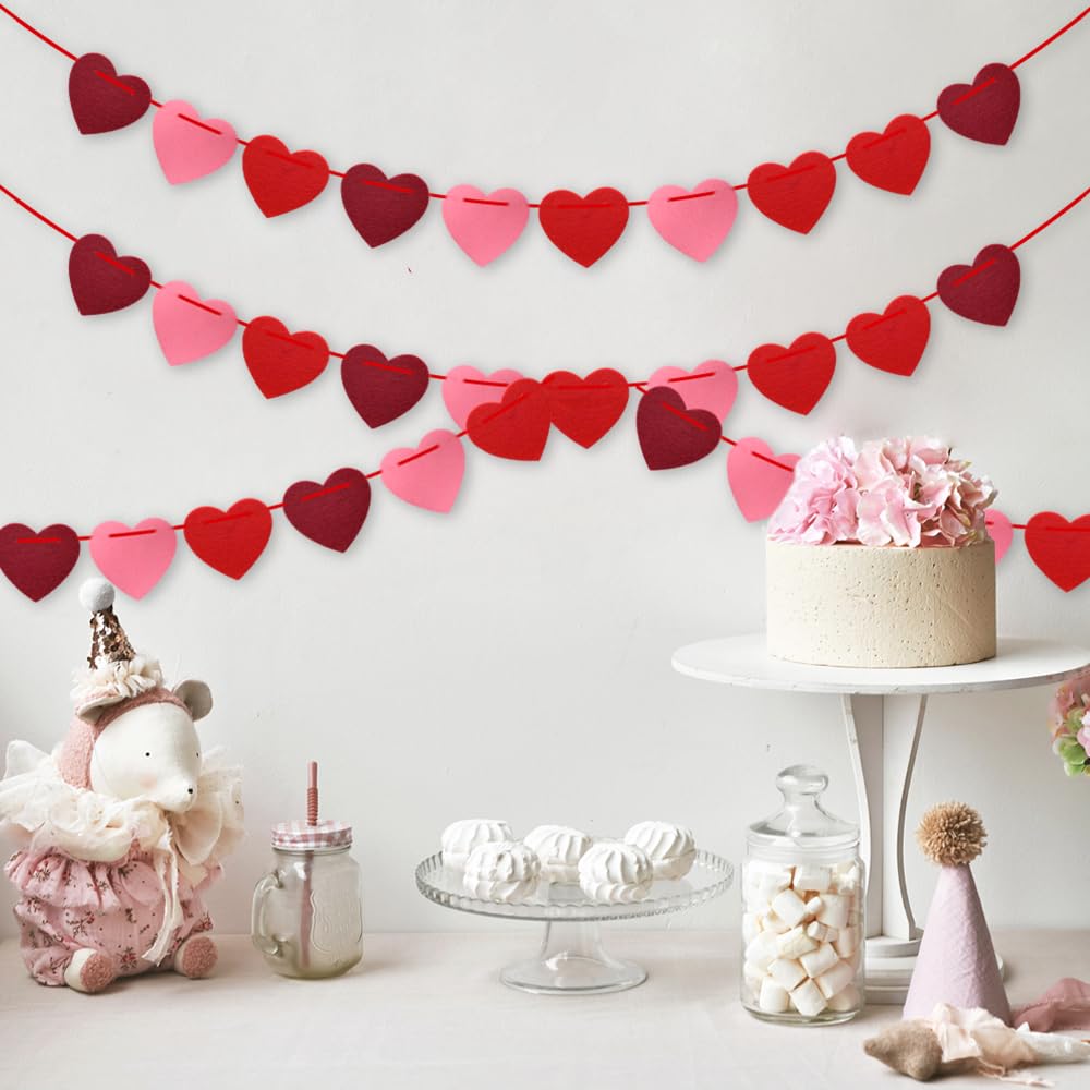 Valentines Day Decorations, Pre-Strung Felt Heart Garland for Mantle, Wall, Party Decorations, Hanging Hearts Decorations for Valentines Day Decor - 6 Strips of Valentine's Day Banner