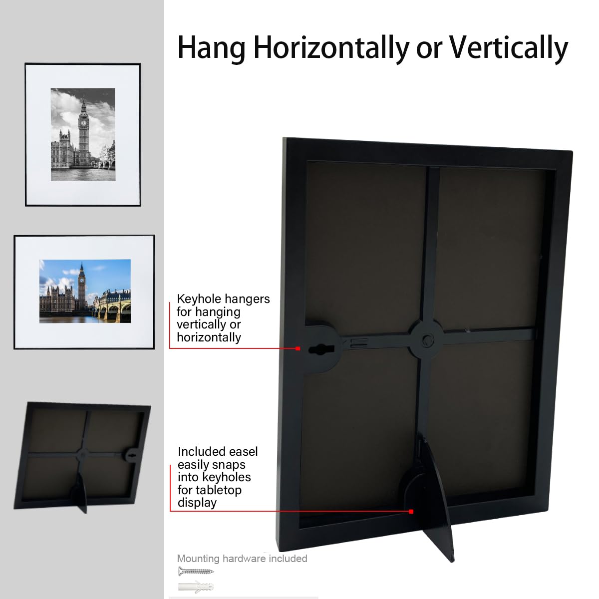 GOmaize Front Loading Black Picture Frame Set of 5,Display pictures 5x7 with mat or 8x10 without mat,Wall and Table Mounting