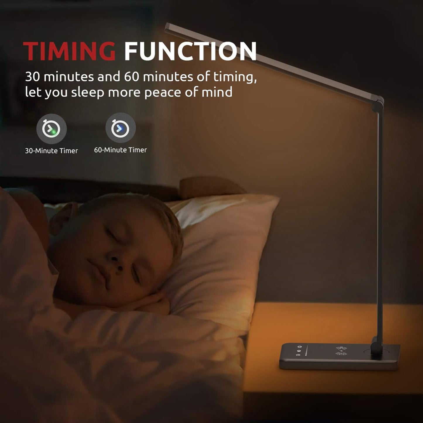 JOSTIC LED Desk Lamp with Wireless Charger, USB Charging Port, 10 Brightness, 5 Color Modes, Desk Lamps for Home Office, Dimmable Table Lamp Eye Caring Reading Light, Touch Control, Auto Timer, Black