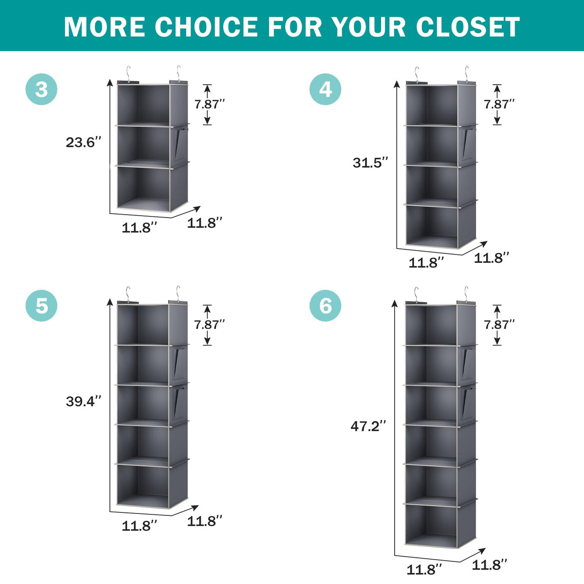 YOUDENOVA Hanging Closet Organizer, 4-Shelf Closet Hanging Storage Shelves, Grey