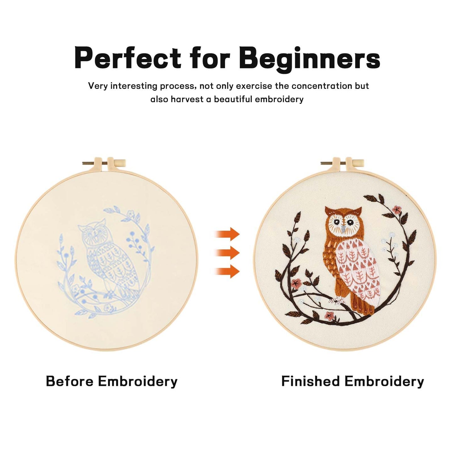 Beginner Embroidery Kit for Adults, Owl Cross Stitch Kits with 7.9" Hoop, Threads, Needles, Learn Stitches with Pre-Printed Patterns, Video Tutorial, DIY Needlework Craft Gift for Women