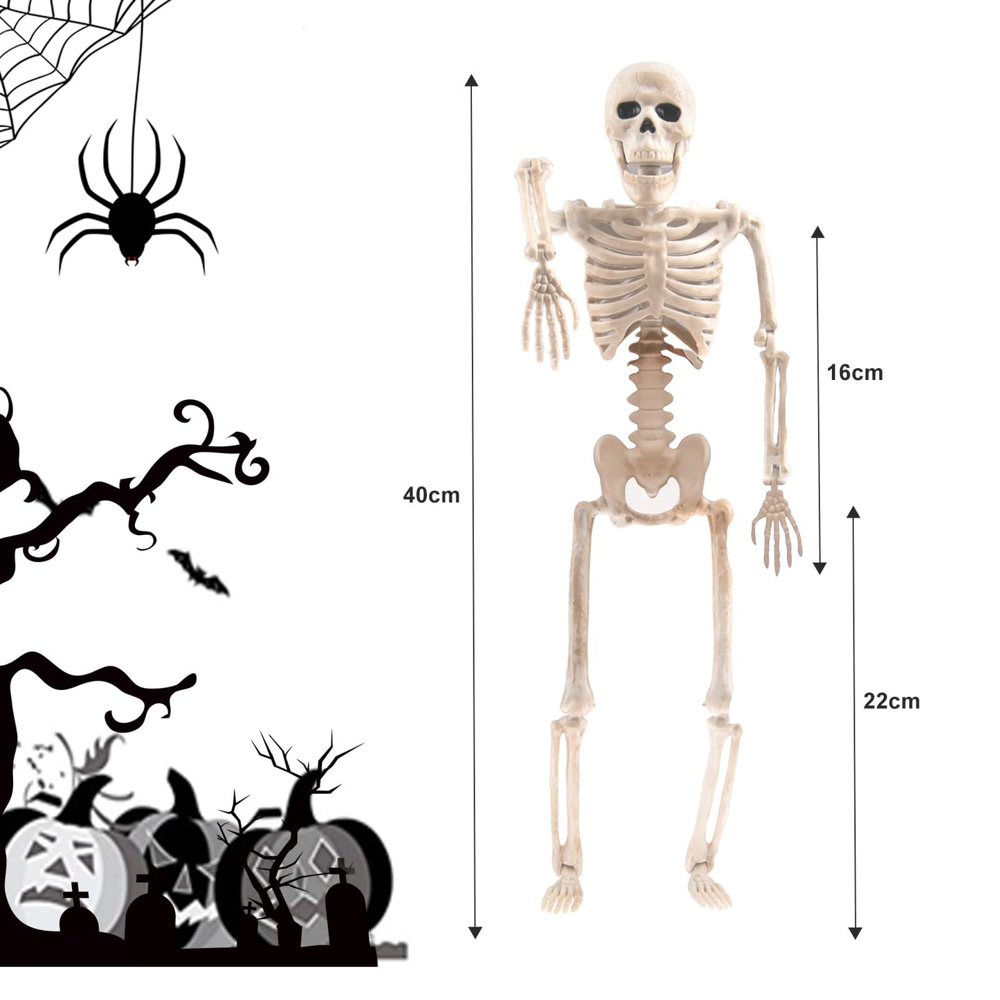 16" Small Skeleton Halloween Decor: Posable Hanging Halloween Skeleton Decorations Mini - Poseable Joints Skeleton Plastic Full Body for Indoor Outdoor, 2 Packs