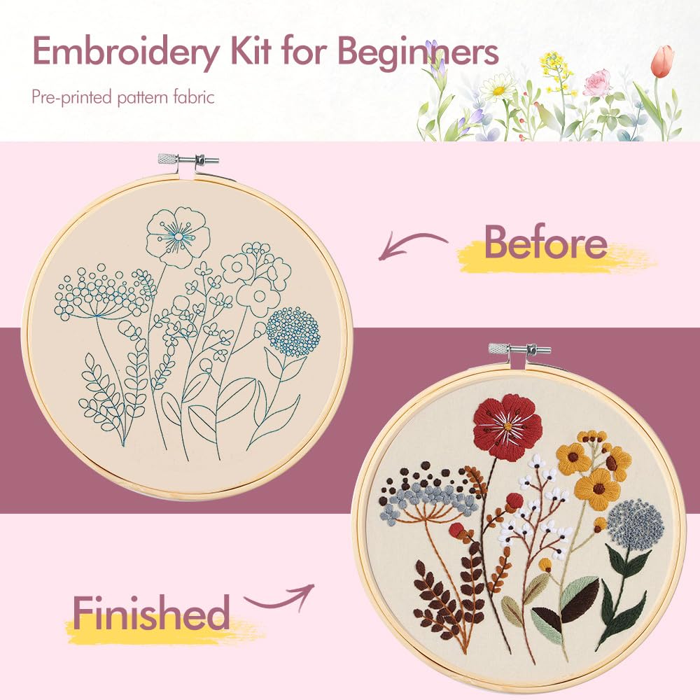 Embroidery Kit, 4 Sets Embroidery Kit for Beginners with Stamped Flower Pattern, Cross Stitch Starter Kits for Adults Hand Craft Lover with Embroidery Hoop, Instructions and Threads