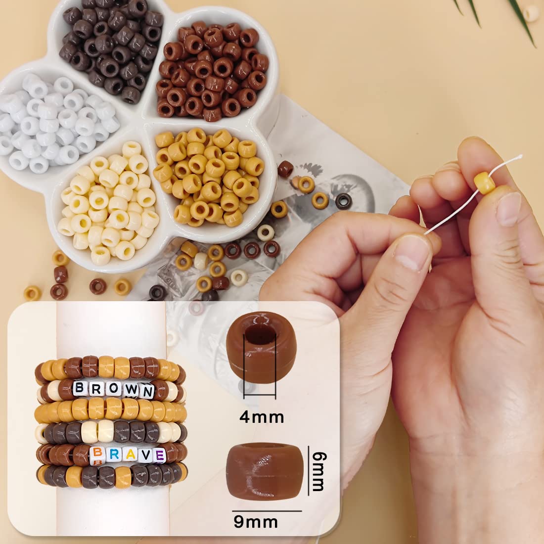 1000PCS 6x9mm Pony Beads Bulk, 5 Styles Brown Pony Beads for Bracelets Making Kit, Kandi, Hair Braids Crafts for Jewelry Making (Brown)