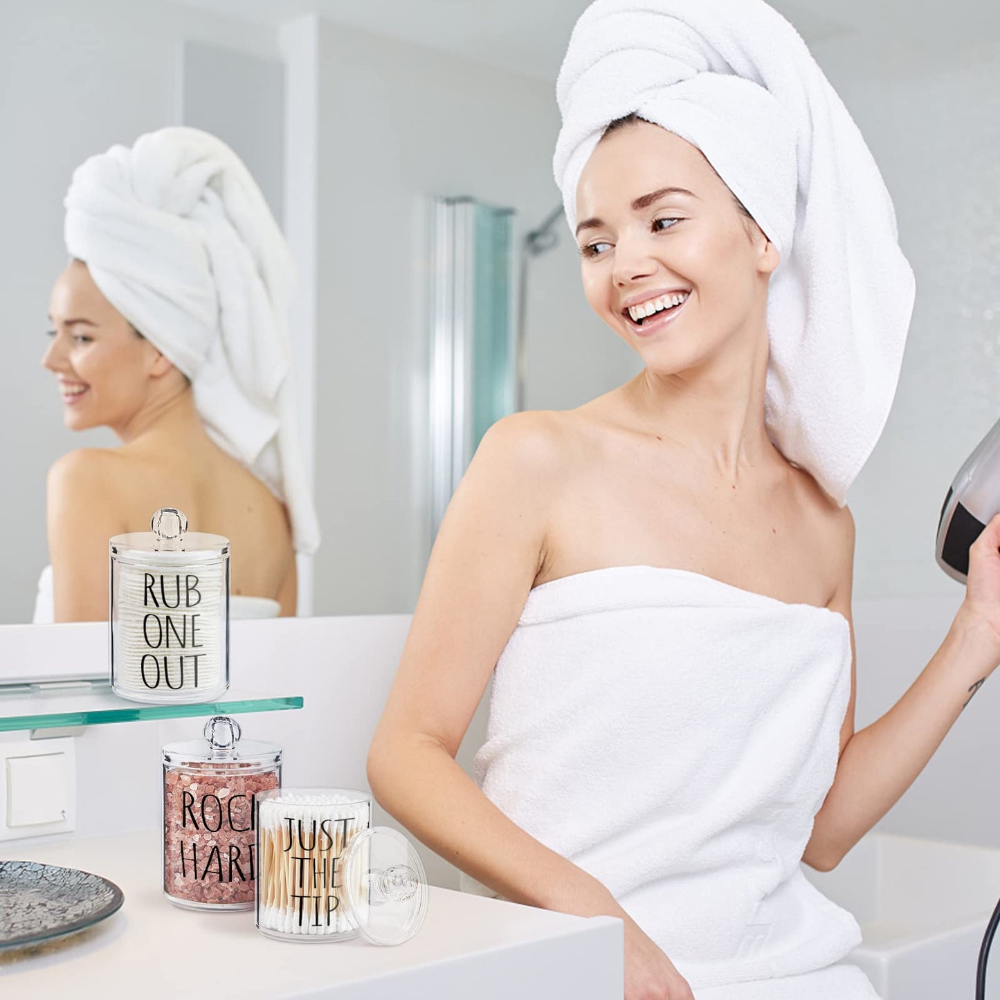 4 Pack Qtip Holder Dispenser with Lids and Labels - 10 oz Acrylic Apothecary Jars Plastic Bathroom Vanity Canister Organizer for Cotton Balls, Pads, Swabs, Floss (Clear)