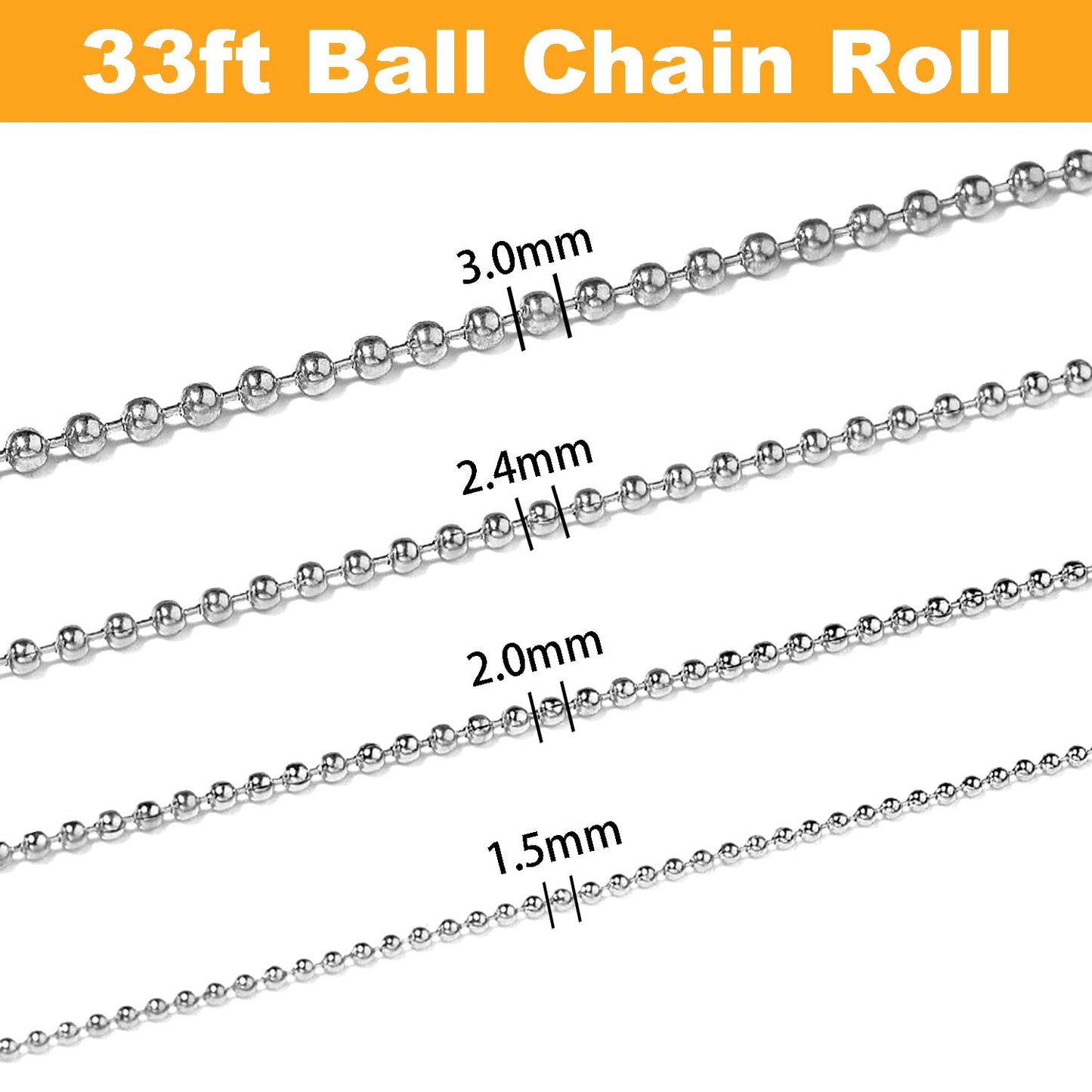 Jishi Steel Ball Chain Bead Dog Tag Chain Beaded Necklace Chains for Jewelry Making Bracelet Military Crafts, Silver Metal Pull Chain Small Ball Bead Chain Roll w/20 Connectors (Silver, 33ft 1.5mm)