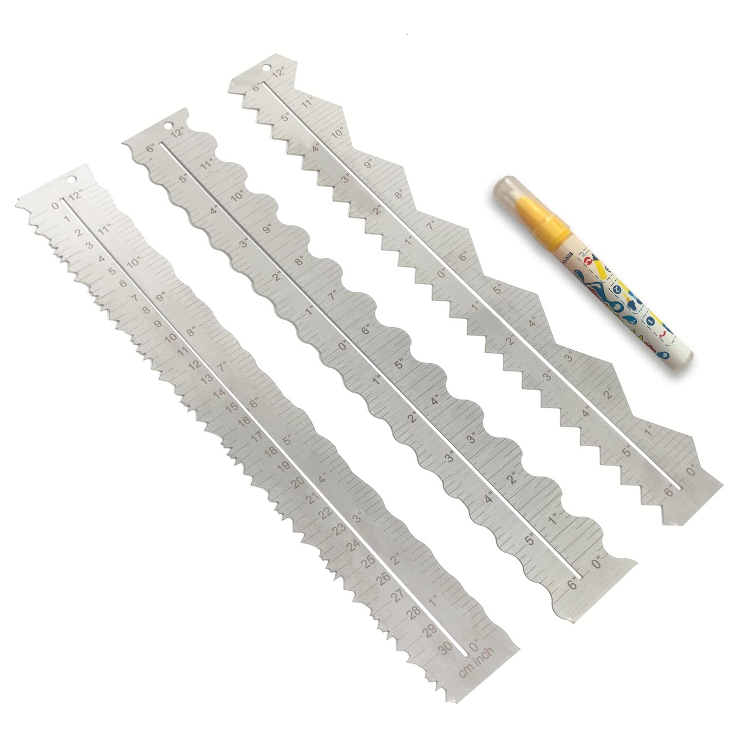 UPTTHOW 3PCS Stainless Steel Metal Paper Tearing Ruler Craft Ruler for Cutting Paper to Wavy Line Jagged and Irregular Edges 12'' Measuring Tool for Engineering School Office Architect and Drawing
