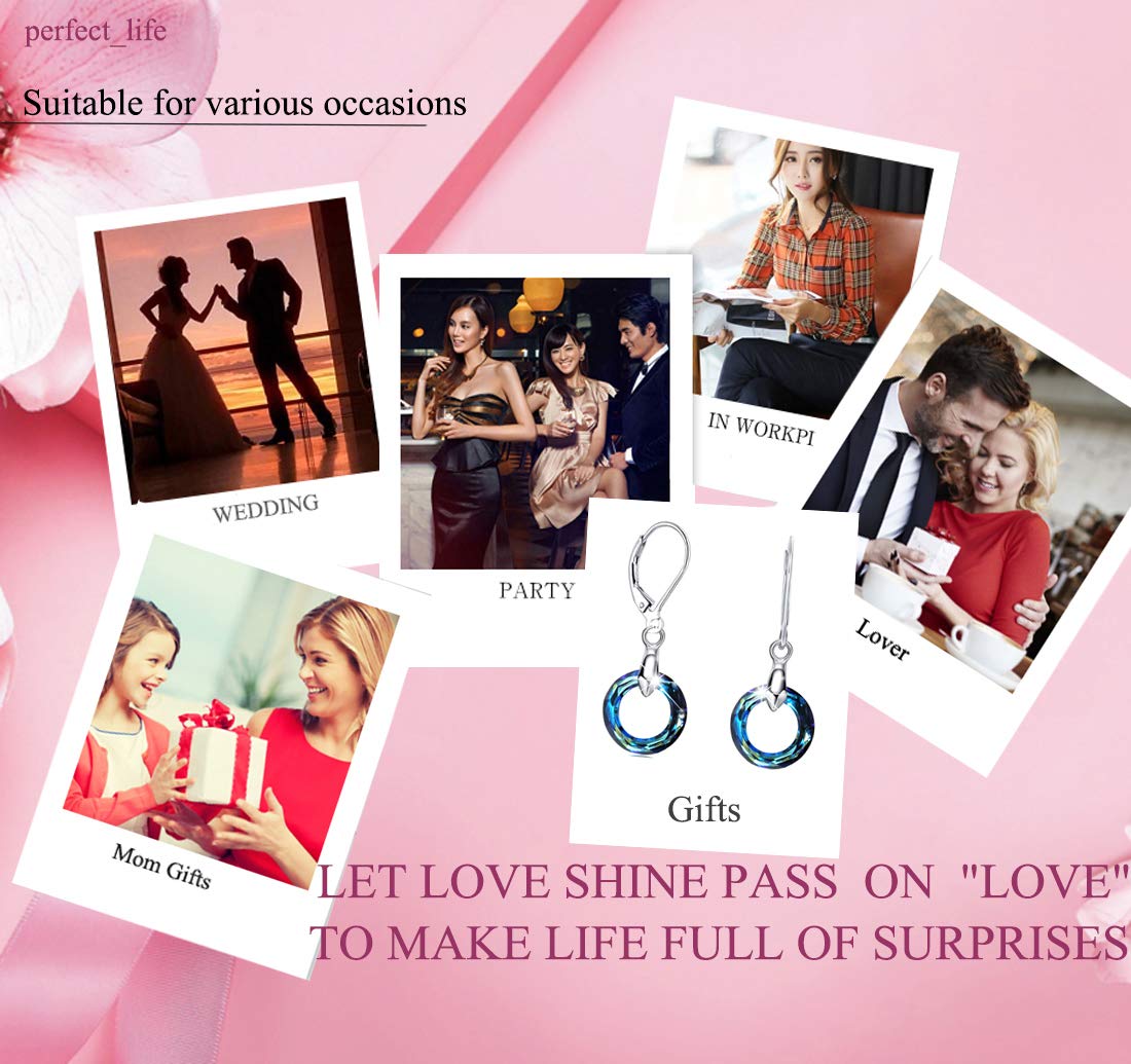 925 Sterling Silver Circle Earrings Austrian Crystal Leverback Earrings Jewelry Dangle Drop Earrings for Women (Bermuda Blue Crystal Earrings)