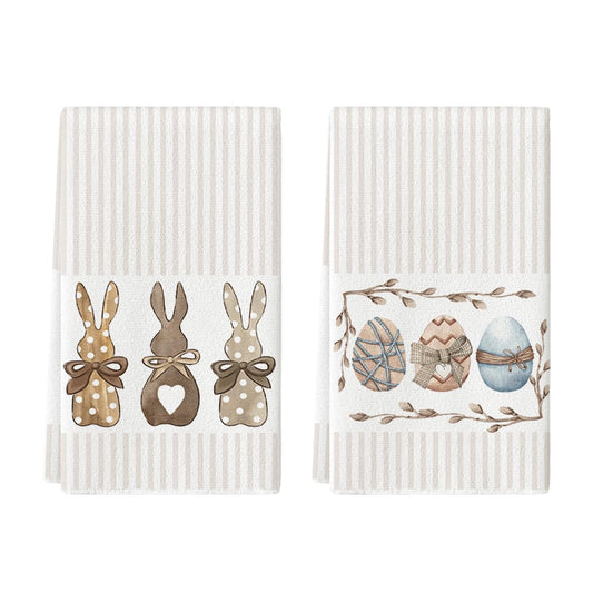 Stripe Rabbit Bunny Eggs Easter Kitchen Towels Dish Towels, 18x26 Inch Spring Decoration Hand Towels Set of 2