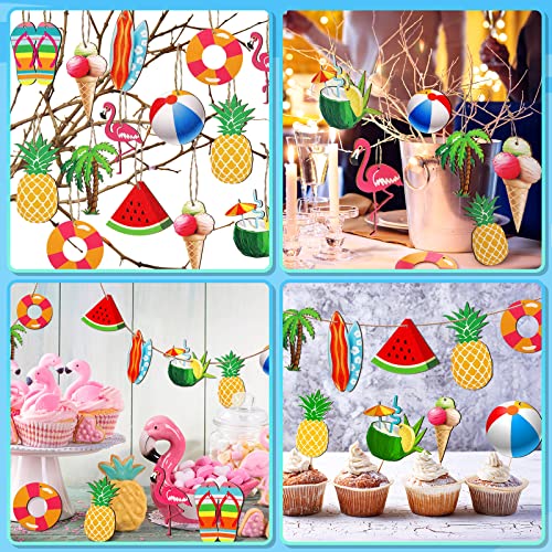 Summer Tree Ornaments Wood Hanging Decoration Beach Wooden Slices Christmas Winter Tree Ornaments with String for Luau Hawaiian Party Supplies(Cute Style, 30 Pieces)