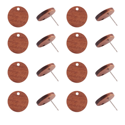 Pandahall 20 Pairs Walnut Wood Flat Round Shape Earring Findings 15mm Coconut Brown Dangle Stud Pendants with 304 Stainless Steel Pin for DIY Wooden Earrings Making