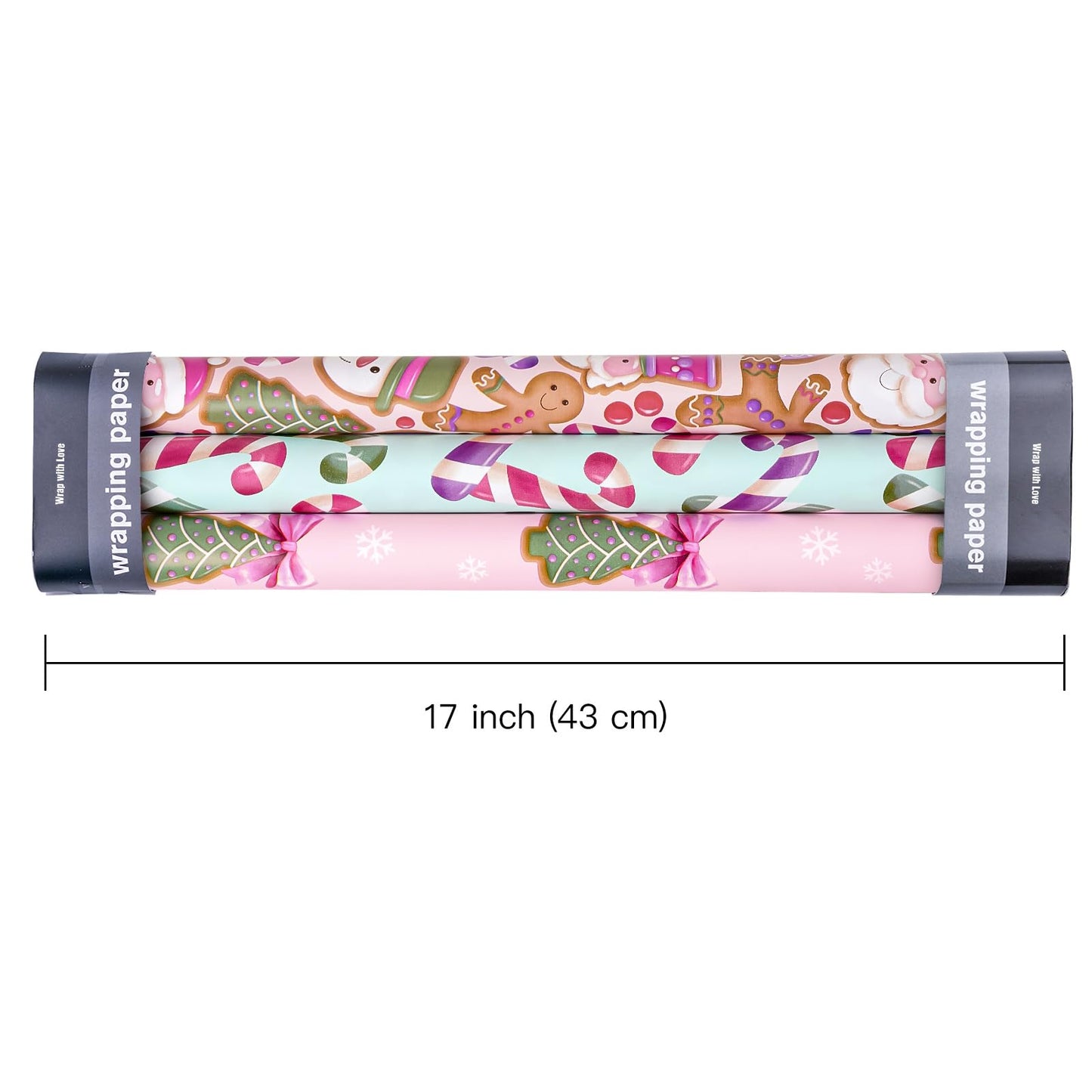 Christmas Wrapping Paper Roll - Mini Roll - 3 Rolls - 17 Inch x 120 Inch Per Roll - Pink & Blue Gingerbread Wrapping Paper Holiday Collection for Xmas Holiday, Party Celebration
