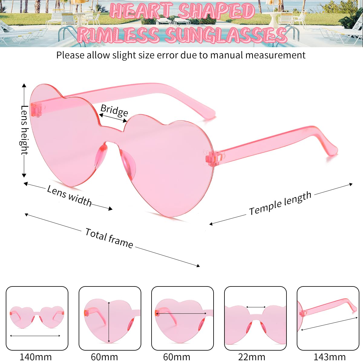 Colrea 12 Pairs Heart Sunglasses for Women Men, Trendy Heart Shaped Rimless Transparent Sunglasses, Colorful Frameeless Glasses, Bachelorette Party Favors