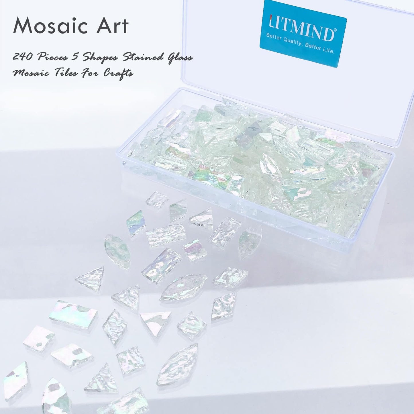 LITMIND Iridescent Texture Transparent Stained Glass Mosaic Tiles for Crafts - 240 Pieces, 5 Shapes Mixed (Rectangle, Triangle, Rhombus, Square, Leaf) - Ideal for Mosaic Making Projects and Beginners