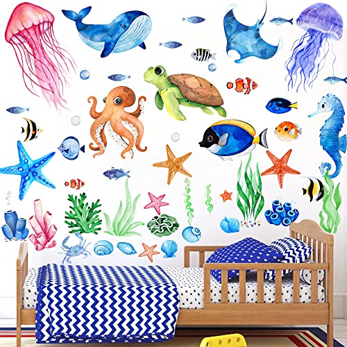 Glow in The Dark Ocean Fish Wall Stickers, Under The Sea Wall Stickers Vinyl Sea Life Wall Decals Removable Waterproof Peel and Stick for Boys Kids Bedroom Bathroom Creatures