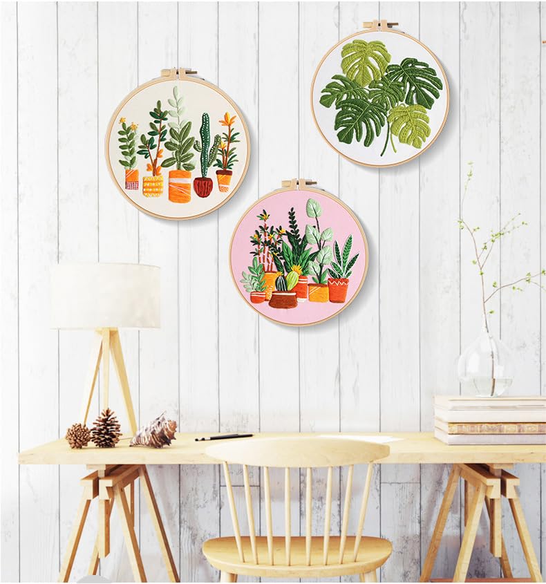 Embroidery Kits for Adults Beginner, European Style Garden Plant Green Leaf Stamped Embroidery Starter Kit,DIY Sewing Practice, Needlepoint Cross Stitch Kit,Set of 3