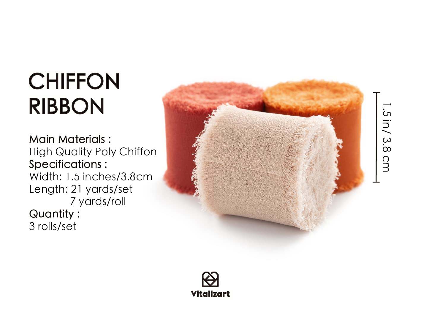 Vitalizart Fall Handmade Chiffon Silk Ribbon Fringe 1.5" x 21 Yd Terracotta Frayed Edges Ribbons for Wedding Invitations Bridal Bouquets Gifts Wrapping Crafts Holiday Party Decorations