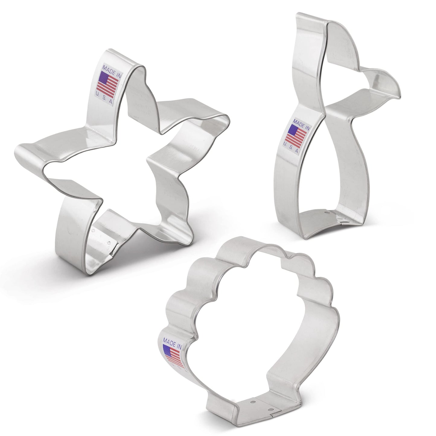 Mermaid Ocean Cookie Cutters 3-Pc Set Made in USA by Ann Clark, Mermaid Tail, Starfish, Seashell