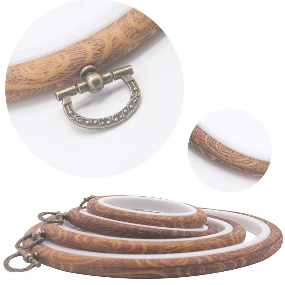 4 Pieces Embroidery Hoop Ring Plastic Cross Stitch Hoops Set Imitated Wood Display Frame Circle and Oval Embroidery Kits for Art Craft Sewing and Hanging,With 16pcs Gold Eye Sewing Needles