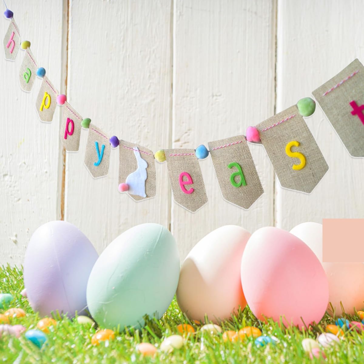 Happy Easter Burlap Banner Decorations, Happy Easter Garland Bunting, Spring Farmhouse Decorations for Mantle,Rabbit Banner Gift for Kids