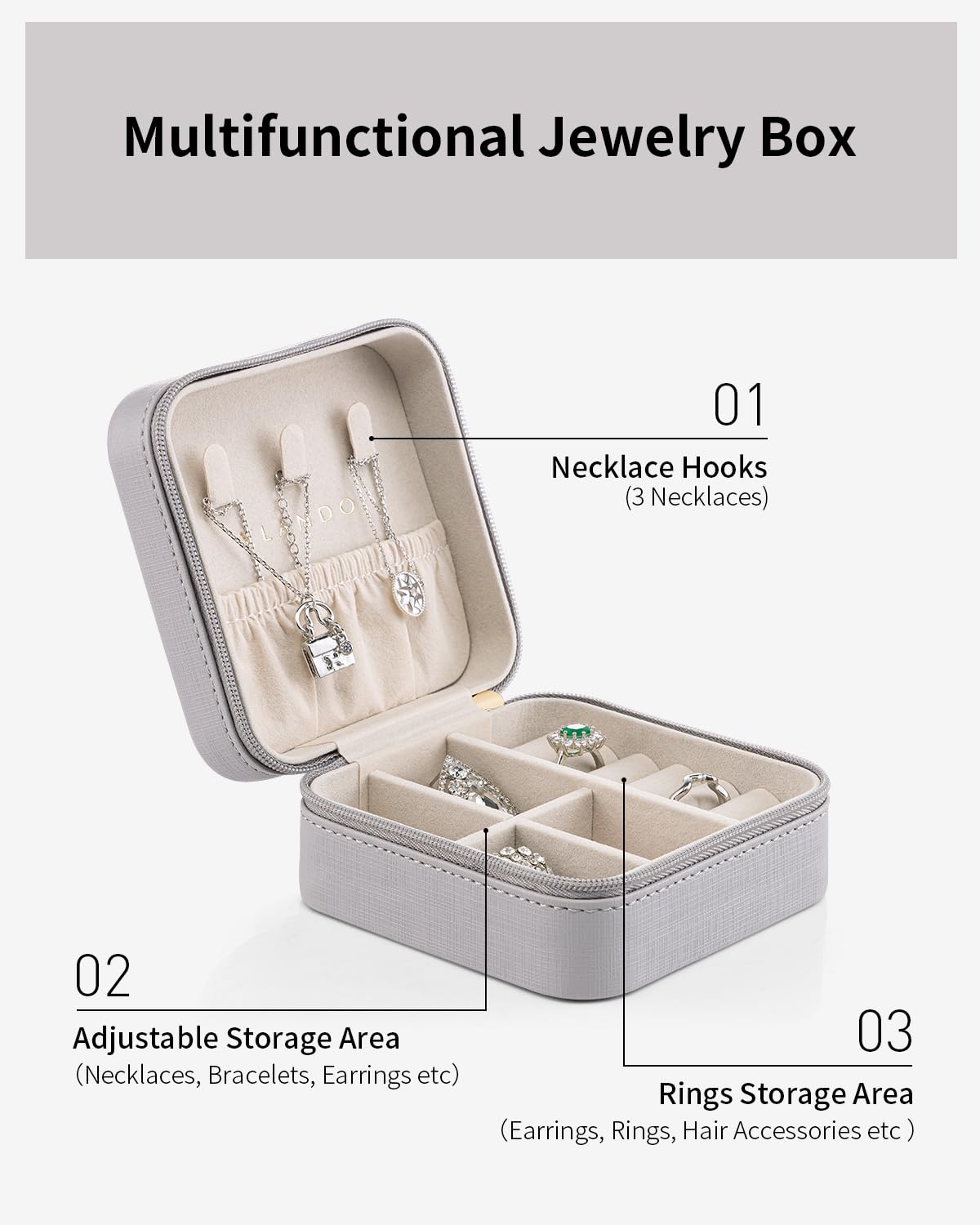 Travel Jewelry Box, Small Jewelry Travel Organizer Case for Girls Women - Grey