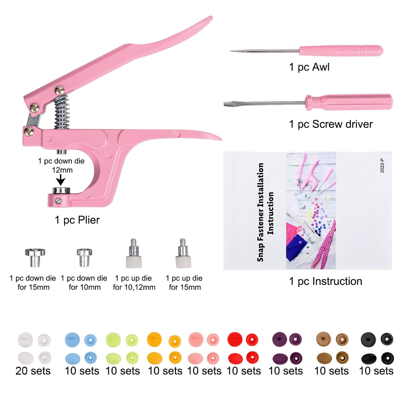 Plastic Snap Fastener Kit with Plier Screwdriver Awl and Storage Case, 100 Sets Snaps, 9 Colors T5 Buttons, 12mm Cap. Snap Plier for T3(10mm), T5(12mm), T8(15mm) Buttons, Pink