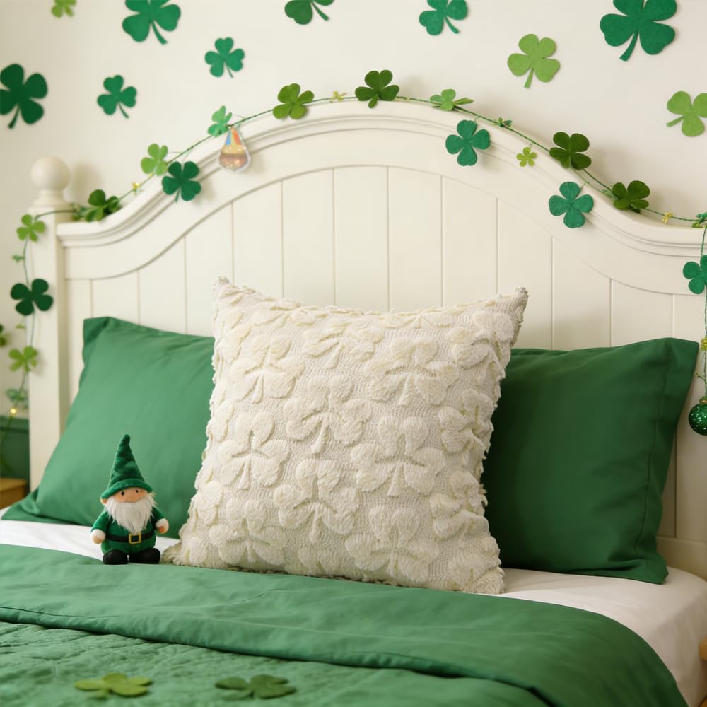 St Patrick’s Day Pillow Covers Set of 2,Beige Shamrock Irish Soft Plush Fluffy Faux Fur Jacquard Decorative St. Patrick’s Day Holiday Farmhouse Cushion Case for Sofa 18 x 18 Inch