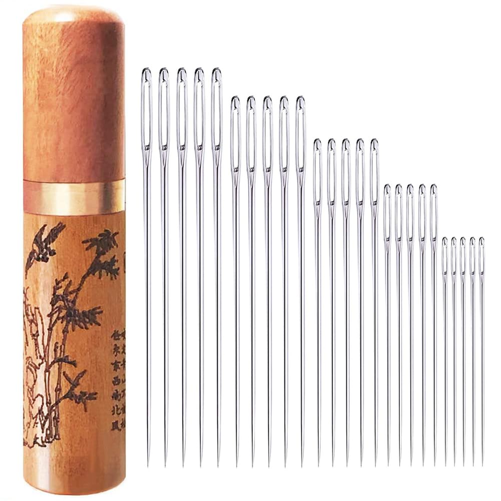 Large Eye Sewing Needles, Embroidery Needles, Stainless Steel, 50 Pieces Sharp Needles with Wooden Needle Case Carving Pattern