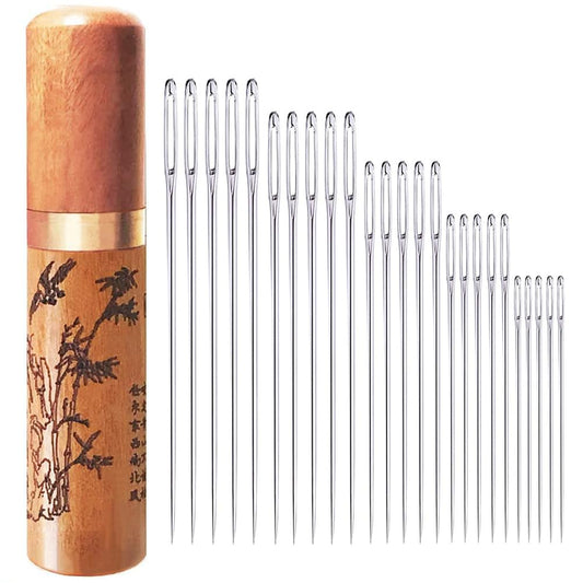Large Eye Sewing Needles, Embroidery Needles, Stainless Steel, 50 Pieces Sharp Needles with Wooden Needle Case Carving Pattern